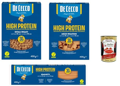 Italian Gourmet High Protein Pasta Set Spaghetti Rigatoni Ditali 3 x 400g | 30% proteine, formati assortiti; eiweißreich für Fitness und ausgewogene, Gesamtnettogewicht 1,2 kg + Kostenlos Polpa 400g