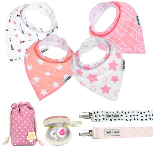 Dodo Babies Baby triangular cloth bib set - 4 bibs with 2 pacifier clips, pacifier pocket, gift bag - soft, absorbent cotton with polyester backing - for girls 3-24 months