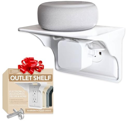 Power Perch Horizontal Wall Outlet Shelf with Cord Storage Strap – Bathroom Shelf for Electric Toothbrush and Toiletries – Small Wall Shelves for Homepod Mini, Echo Dot Stand – White, 1-Pack