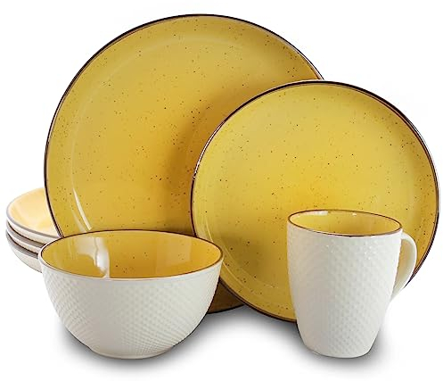 Elama Round Stoneware Luxurious Mellow Dinnerware Dish Set, Bright Yellow and White