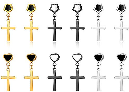 JewelryWe Kreuz Ohrringe Herren Damen: 6 Paar Edelstahl Herz Stern Pentagramm Fake Plug Tunnel Ohrstecker Ohrpiercing Ohrhänger mit Kreuz Anhänger Schraube Helix Tragus Piercings Silber Gold Schwarz