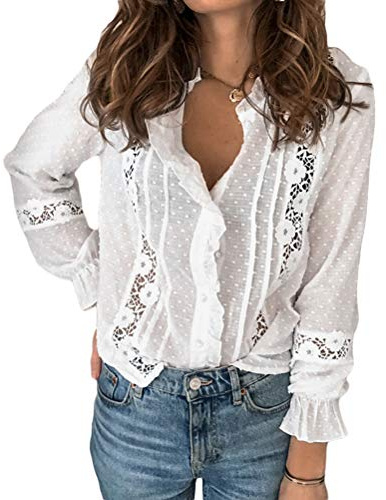 Minetom Chemisier Femmes Chic Blouse Manches Longues Dentelle Tunique Haut Tops Elégante Col V Ample Tee Shirt