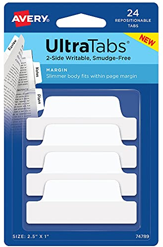 AVERY Margin Ultra Tabs, 6,3 x 2,5 cm, beidseitig beschreibbar, weiß, 24 Repositionierbare Seiten (74789), 2.5 x 1