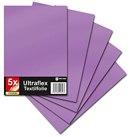 Ultraflex S Textilfolie für Plotter 61 Farben Din A4 Bogen 30x20cm Plotterfolie matt auf Stoffe Kleidung T-Shirt Folie Flexfolie DIY Zubehör (38 Flieder, 5er Set)
