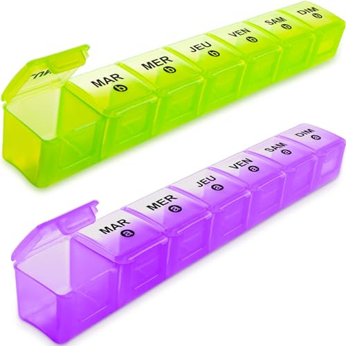 2pack Weekly Pill Organiser, Pill Boxes 7 Day 2 Times a Day Large Pill Box Organiser 14 Day XL Medication Tablet Case for Travel Fish Oil Vitamin Holder(Purple-Green)
