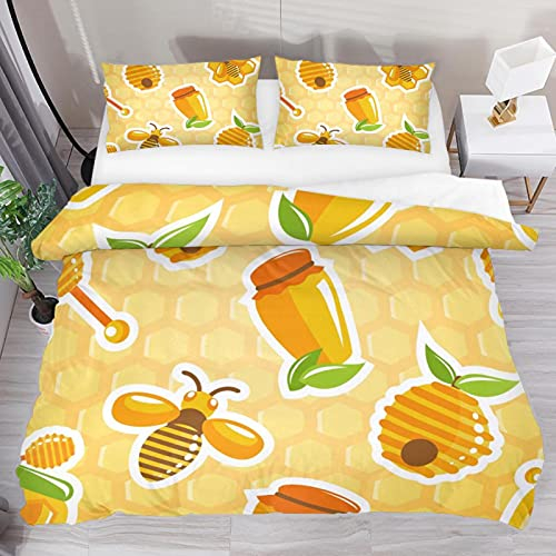 MisikaEU 3 Pcs Microfiber Bedding Set Duvet Cover Pillow Shams Bed Honey Jar Hive Bee Honeycomb Sweet Quilt Cover 1 Cover 2 Pillowcase With Zip,Lightweight And Soft