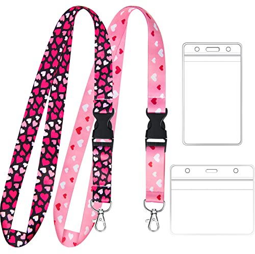 Zonon 2 Sets Schlüsselband Umhängeband mit Kartenhalter Umhängeband Lanyard Schlüsselband und Wasserdichte Transparente PVC Ausweishalter für Ausweis Büro Zubehör Reise(Herz Stil)