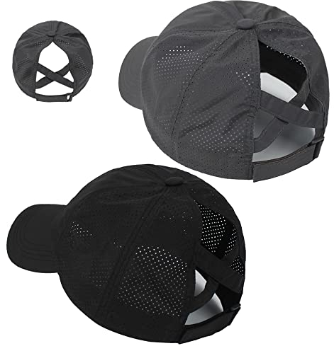 Damen Verstellbar Criss Cross Pferdeschwanz Hut Baseball Cap Schnell Trocknen Leichter UV Schutz für Outdoor Sport, Schwarz und Dunkelgrau, 55 EU