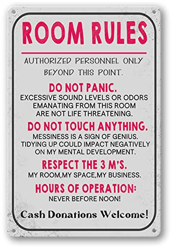 Room Rules Sign For Teen Girls Boy Bedroom/Gaming Room Door Decor Dorm Wall Accessories Cool Things, Funny Metal Tin Signs 12 X 8 In