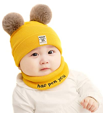 Baby Wintermütze Schalmütze, Strickmütze mit Bommel Mützenschal Kinder Earflap Schalmütze Fleece Mütze Beanie Mütze Neugeborene Mütze Warme Schlupfmütze Schalmütze für Baby Junge Mädchen 0-3 Jahre