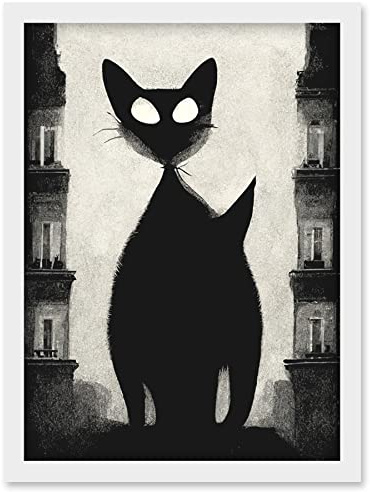 Doppelganger33 LTD Giant Black Cat Le Chat Noir City Monochrome Illustration Artwork Framed Wall Art Print A4