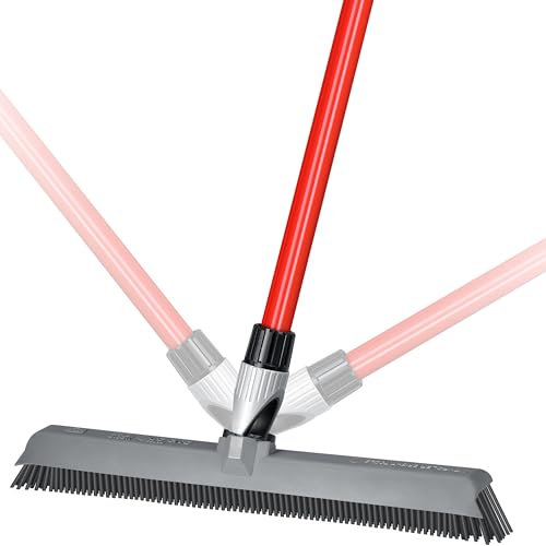 RAVMAG Heavy-Duty Silicone-Rubber Broom - Tough Floor Sweeper with Integrated Squeegee for Pet Hair & Dust - Washable, Scratch-Free, Red, Adjustable Handle & Knuckle Joint