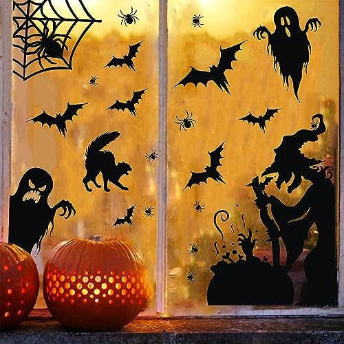 TOARTI Halloween Fenster Aufkleber,Doppelseitiger Halloween Fensterbilder Selbstklebend,Hexe Monster Schädel Fledermaus Halloween Fenster Deko,Kürbis Fledermaus Fensteraufkleber für Glas Partyzubehör