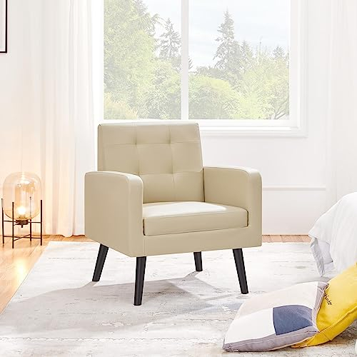 Yaheetech Relaxsessel mit Holzbeinen Ruhesessel Ohrensessel Polstersessel Einzelsofa Fernsehsessel bis 136 kg Belastbar fürs Wohnzimmer, aus Kunstleder, Beige