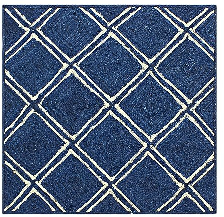 CASAVANI Collection Quadratischer Teppich – 90 x 90 cm, blau-weiß, geometrisches Petternmuster, natürliche Jute-Matte, ideal für stark frequentierte Bereiche im Flur, Schlafzimmer, Wohnzimmer,