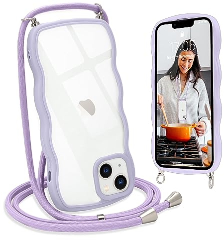 L-FADNUT Chaîne de Téléphone Portable pour iPhone 14 Coque avec Lanière Silicone avec Cordon à Porter Autour du Cou Transparent Coque de Protection pour iPhone 14 Violet