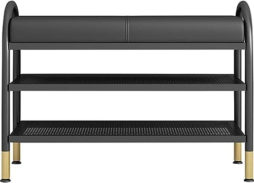 Entryway Shoe Bench Storage Bench End of Bed Bench Shoe Bench Rack with Storage Nordic Double-Layer Wrought Iron Frame, Household Shoe Changing Stool with Soft Cushion (Color : Black, Size