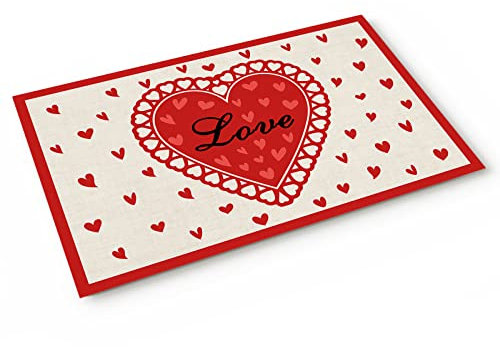 FJAUOQ Front Door Mat Welcome Doormat- Romantic Heart-Shaped Patterns with Red Border Low Profile Indoor Mat for Home Office Garden Garage & Patio,23.6 x 15.7