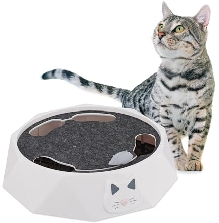 Relaxdays Katzenspielzeug mit Maus, HBT: 7, 5x25,5 cm, interaktive Katzenspiele, Katzenrondell elektrisch, weiß/grau