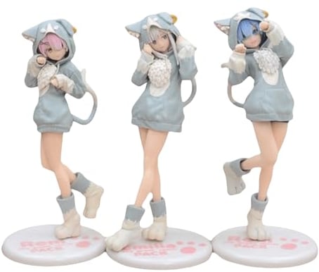 Epitome Anime-Figuren für Mädchen, Rem/Ram/Emilia, Katzenohren, Parker-Modelle, Desktop-Dekoration, Sammlerstück, Geschenke, 20 cm (3 Stück), 46