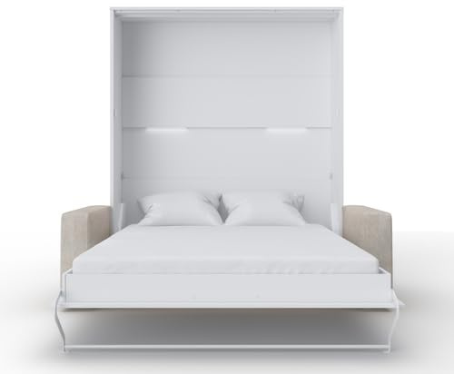 MAXIMAHOUSE Schrankbett vertikal Invento LED 160V (160x200) mit Sofa Milo (Weiß/Weiß matt + beiges Sofa)