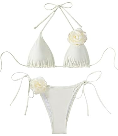 Lilosy Sexy verzierter frecher String-Triangel-Bikini, 2-teilig, Krawatte Beige, Large
