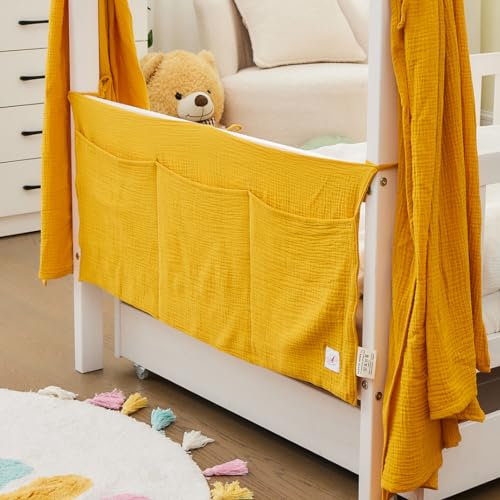 ALAVYA HOME® Betttasche aus Musselin 90x38 cm - Praktischer Organizer für Baby- und Kinderbett - Wechselkleidung & Windeln Hält alles ordentlich und griffbereit (Senfgelb)
