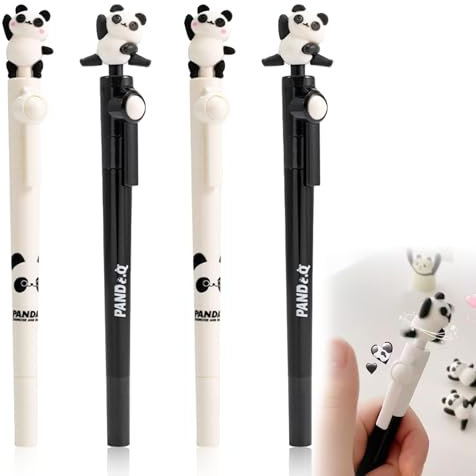 Plstod 4 Stück TierStifte Panda, Schwarz 0.5 mm Gelschreiber, Drehbare Stiftkappen im Panda herumlaufen, Lustige Stifte Gel Pen, Black Ink Stifte für Kinder Studenten Büro Geschenk School Supplies
