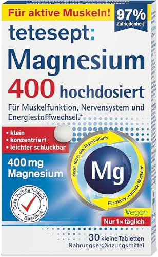 tetesept Magnesium 400 hochdosiert – Nahrungsergänzungsmittel mit Magnesium – leicht schluckbare Magnesium Tabletten für aktive, normale Muskeln*– 1 x 30 Tabletten (Packung mit 5)