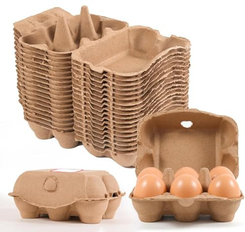 ZOFUN Eierkarton Eierkartons 6er Pappe, 50 Stück Eierschachtel Eierschachteln 6er pappe mit Deckel für je 6 Eier mit Aufklebern, Biologisch Abbaubar Eierschachteln für Eier (Braun)