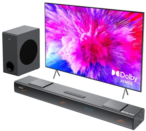 Hiwill 3.1.2CH Barra de Sonido TV, Dolby Atmos Soundbar Home Cinema Surround, 2 Up-Firing, 2 Side-Firing, PC Barra Sonido con 5.25'' Subwoofer con Cable, 400W de Potencia Pico, eARC/Opt, Nimbus A312
