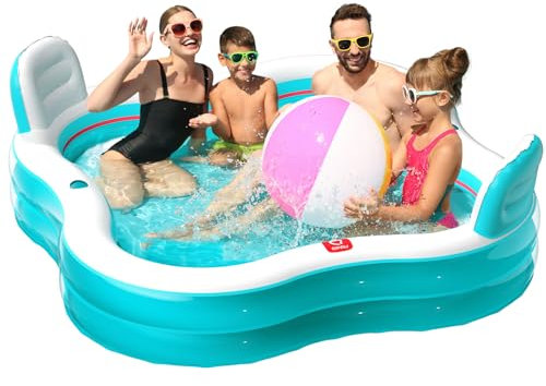 QPAU Aufblasbarer Swimmingpool, großer großer aufblasbarer Pool mit 2 Sitzen und Rückenlehnen, Pool für Outdoor & Hinterhof, Erwachsene, für Familienspaß, Cyan