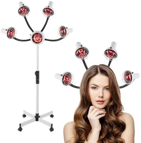Infrarouge Chaleur Lampe - Lampe Chauffante pour Cheveux à 5 Têtes Processeur - Salon de Coiffure Hauteur Réglable - pour dans les Salons de Coiffure Beauté et Autres lieux pour les Soins Capillaires