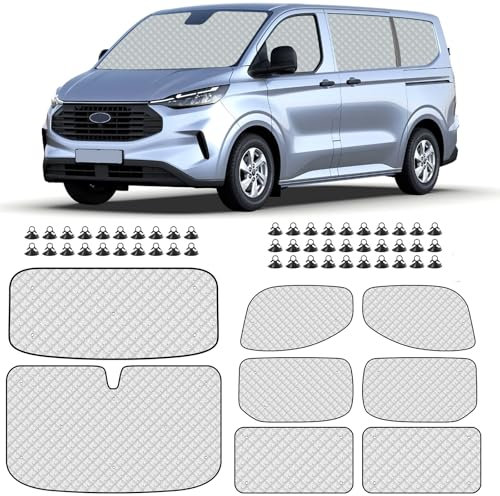 8Stk Wohnmobil Windschutzscheibe Sonnenschutz kompatibel mit Ford Transit Custom SWB 2012-2024, Thermomatte Fahrerhaus passend mit Schwarzem Rücken, Auto Sonnenblende Frontscheibenabdeckung UV-Proof