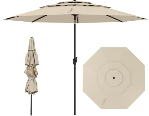COSTWAY Sombrilla Terraza Exteriorφ300 cm, Parasol con Botón de Inclinación, Manivela, 8 Varillas Resistentes, Sombrilla Jardín Playa Piscina (Beis, sin Luz)
