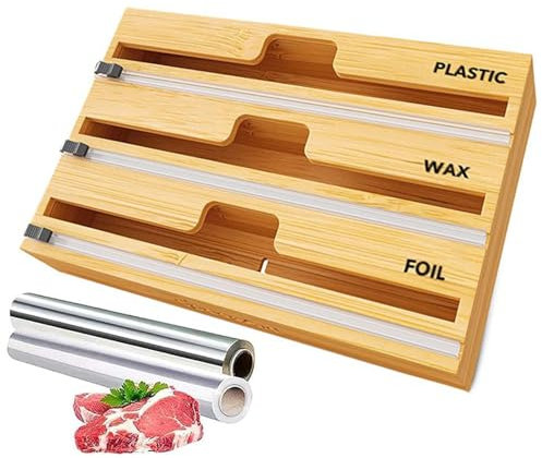 Folienschneider Küche Schublade, Frischhaltefolienspender Pergamentpapier Folienspender, Küchenverpackungsorganisator Aus Bambusmaterial, Abroller Frischhaltefolie