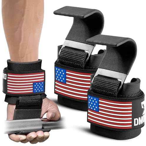 DMoose Fitness Pair of Weight Lifting Hooks for Men and Women, 8mm Thick Wrist Padding, Powerlifting Grips, Shoulder Raises, Rows and Deadlifts, Straps for