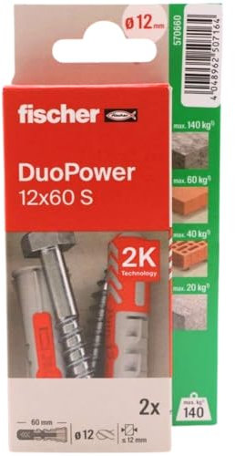 fischer - Duopower 12x60 Con Tornillo - 2U, Tacos para pared multimaterial, sirven para Colgar Bicicletas, Cuadros, Armarios, Soportes de Televisión, Estanterías, Muebles.