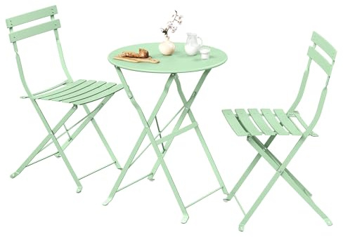 SONGMICS 3-Piece Outdoor Bistro Set, Folding Patio Furniture Set with Table and 2 Chairs, Weather-Resistant Steel Balcony Furniture, for Balcony, Patio, Garden, Smoke Green GGF036CZ01