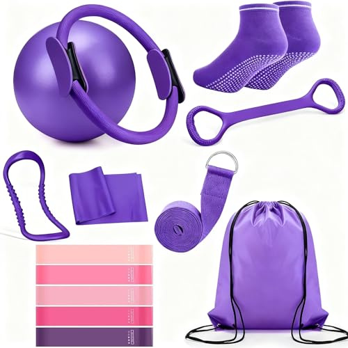 Twshiny Pilates-Set, Pilates-Kreis mit Yoga-Ring und Band, Socken, Körper-Trimmer, Taillen- und Bauchformer, Trainingsgerät für Zuhause, Fitnessstudio, Stärkung und Flexibilität, Violett, 13-teilig