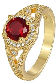 BCughia Engagement Rings 9K Yellow Gold, Marriage Rings Round Halo Lab Created Ruby Ring for Women Size H 1/2