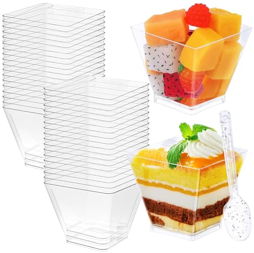 deegbbyi 50 Piezas Tazas Cuadradas de Plástico para Postre 60 ml | Tazas Dulce de Plástico Reutilizables Mini Vasos Servir para Fiesta Vasos Postre con 50 Puñado Cucharas para Tiramisú Mousse