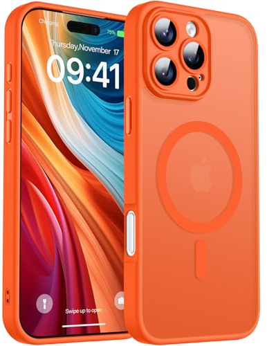 Cover per iPhone 16 Pro Max Compatibile con MagSafe, Back Case per Smartphone in PC Silicone TPU, Protezione Fotocamera Integrata, Custodia Antiurto Traslucida Opaca, Arancione