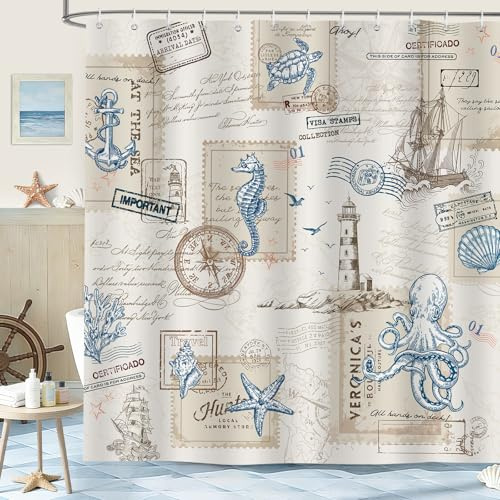 hometrixx Vintage Nautical Coastal Ocean Turtle Shower Curtain 72X78Inch | Polyester Shower Curtains Waterproof Fabric Mould Resistant with 12 Hooks Machine Washable Lightweight Bathroom Decor