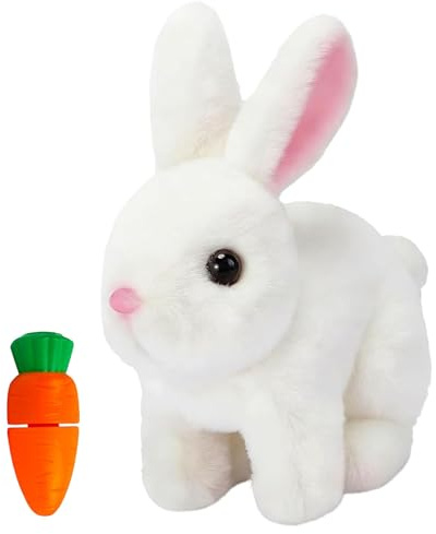KOMEIYL Jouet Interactif Lapin de Paques, Jouet de Lapin électrique Peluche Lapin de Paques Jouet Lapin Interactif avec Carotte, Lapin Doudou Petit Peut Marcher et Parler, Cadeaux de Pâques Enfants