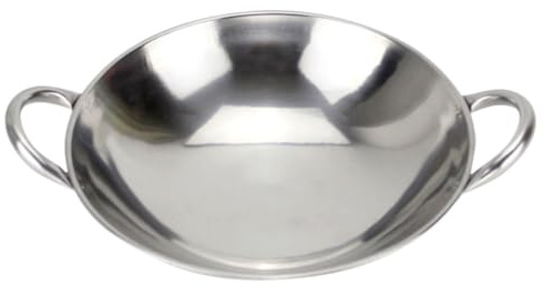 INOOMP Wok en Acier Inoxydable Résistant la Chaleur avec Poignée Double, Ustensile la Cuisine Inox Pratique pour Cuisson Maison et Fond Rond Solide