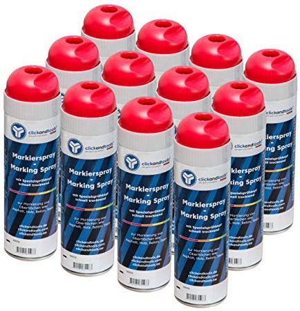 clickandtools Markierungsspray leuchtend rot 12'er Pack mit Spezialsprühkopf, schnell trocknend