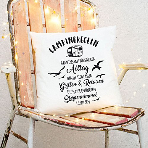 ilka parey wandtattoo-welt® Kissen Wohnwagen Möwen & Spruch Dekokissen Zierkissen Bedruckt mit Zitat Motto Camping Regeln ks170