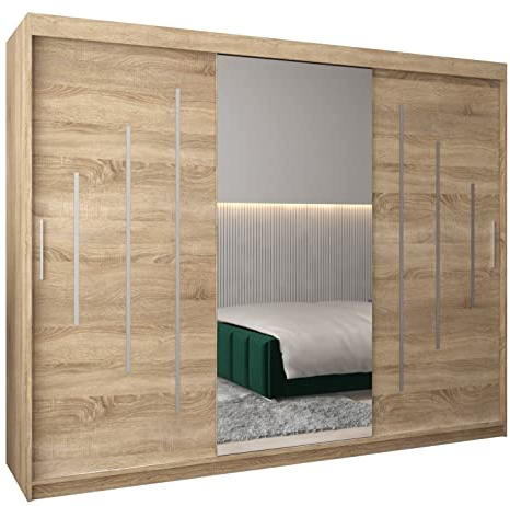 MEBLE KRYSPOL York 1 250 Schlafzimmerschrank mit DREI Schiebetüren, Spiegel, Kleiderstange und Regalen – 250x200x62cm - Sonoma