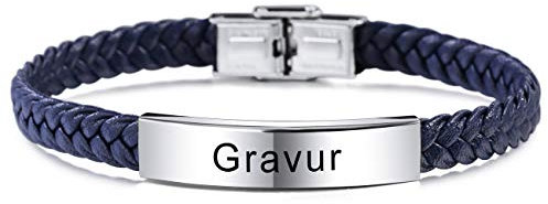 MeMeDIY Name Armband Personalisierte Armbänder Für Frauen Maßgeschneiderte Armbänder Für Jungen Männer Mädchen Edelstahl Echtes Leder Gravur Geflochtene Manschette Einstellbar (Blaue Farben)